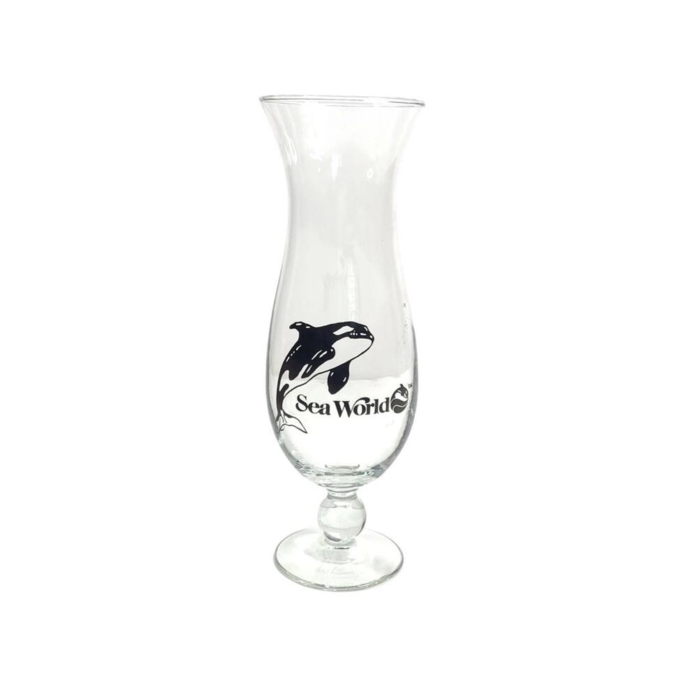 Sea World Orca Whale Shamu Water Clear Hurricane Glass Cocktail Collectible 10”